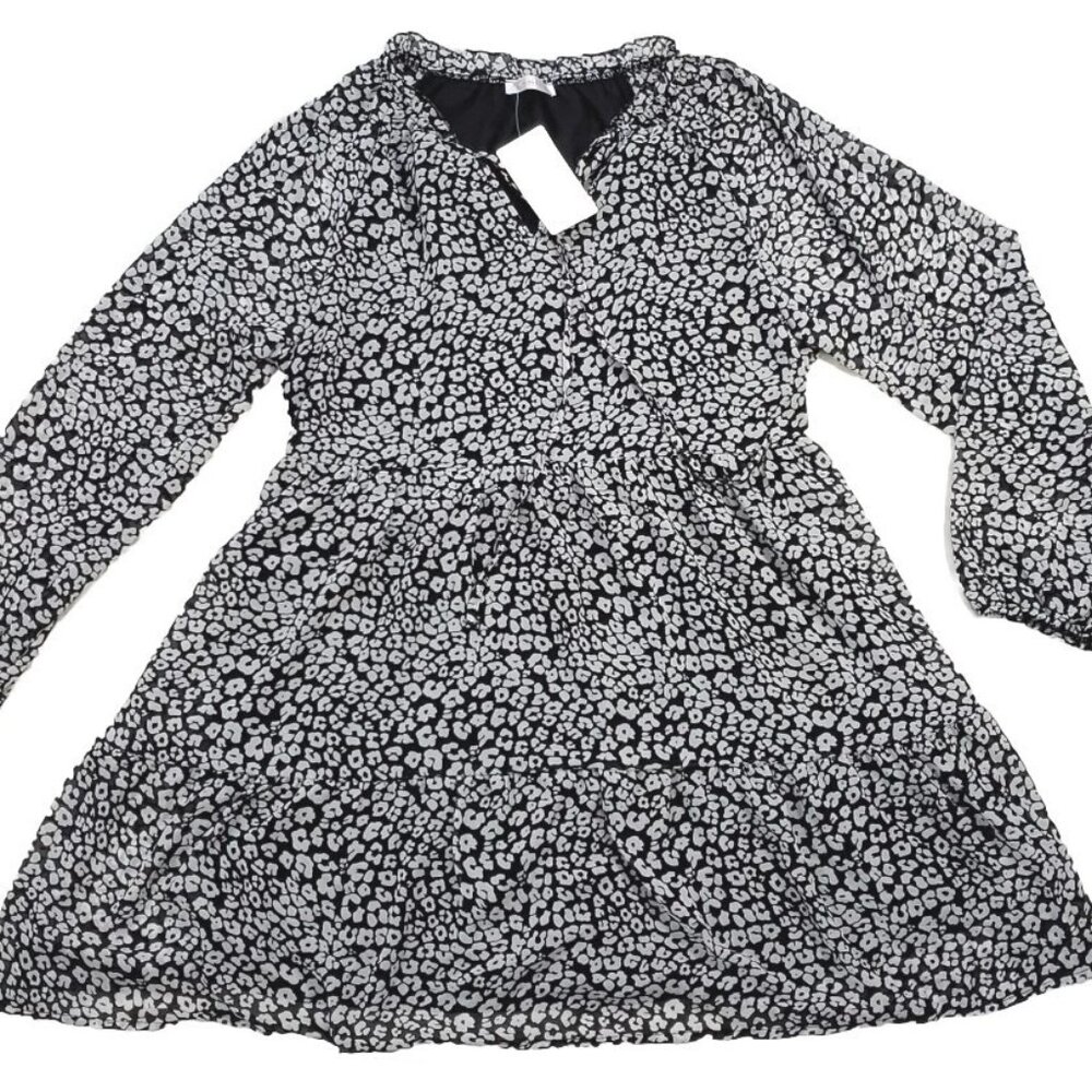 Kirundo Black Floral Print Fall Long Sleeve V Neck Mini Tunic Dress Medium NWT